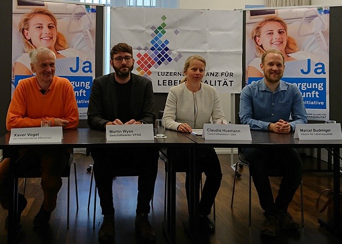 Xaver Vogel (CVP), Martin Wyss (VPOD), Claudia Husmann (SBK) und Marcel Budmiger (Allianz)